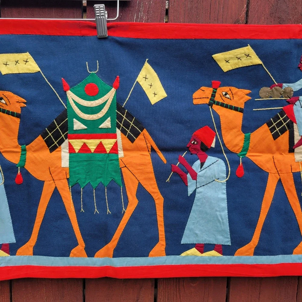 Vintage Egyptian Khayamiya Applique Wall Hanging Camel Caravan Textile Folk Art